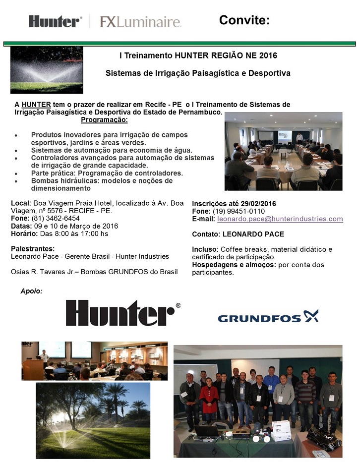 Informações sobre o curso de irrigação da Hunter em Recife, março de 2016