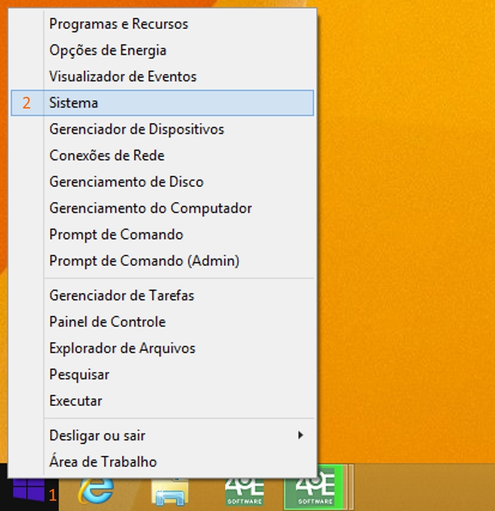Clique com o botão direito do mouse no ícone do Windows (no canto inferior esquerdo da tela) e clique em Sistema