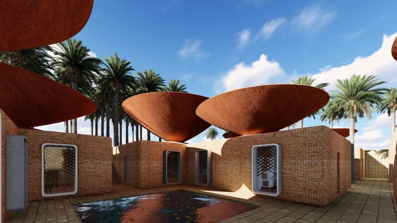  BMDesign Studios projetou o chamado telhado côncavo, um sistema de telhado duplo para coletar água da chuva em climas áridos. Foto: BMDesign Studios
