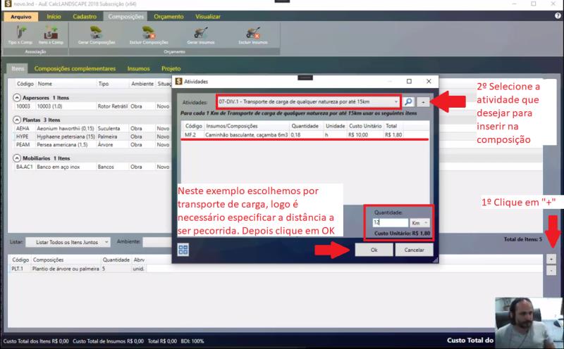 Inserindo atividade na composição de um item no CalcLANDSCAPE